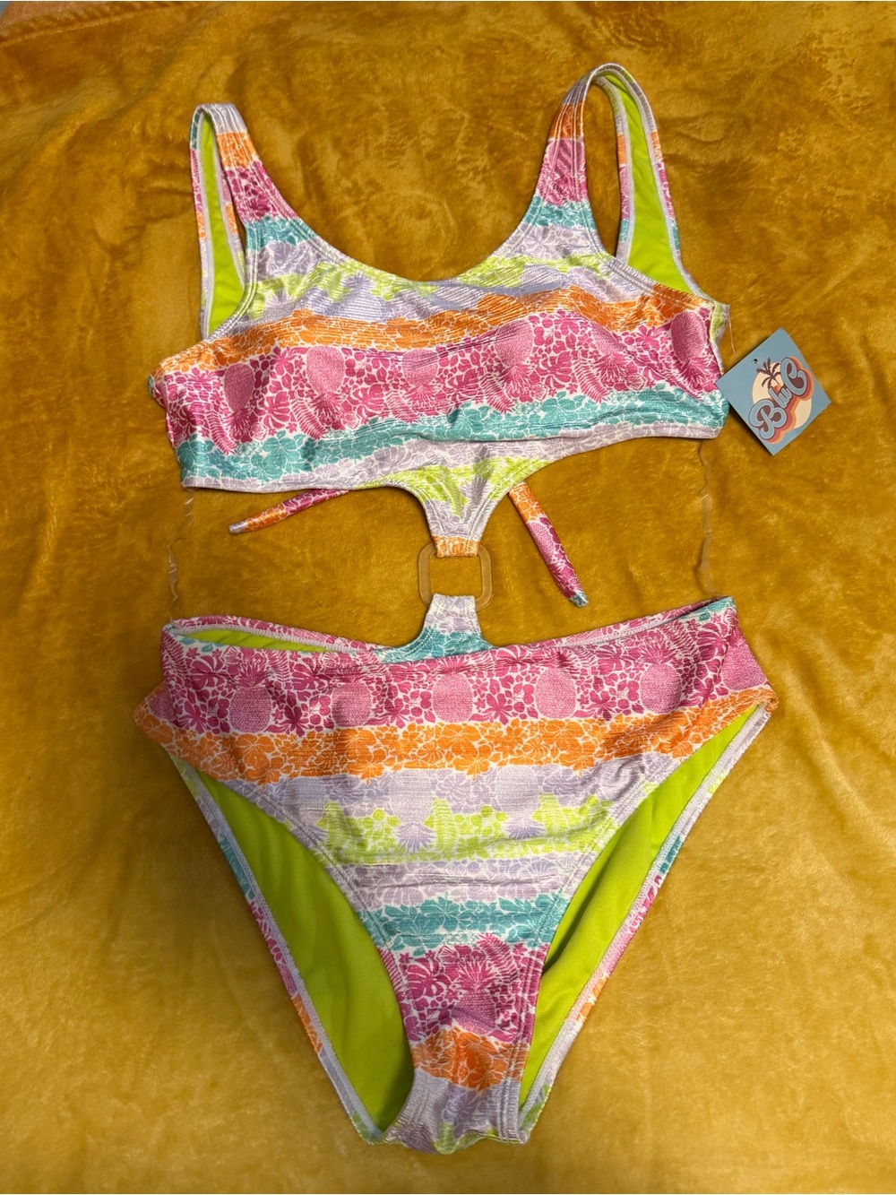 NWT BLUE Multicolor Floral Stripe Two-Piece Swimsuit size L